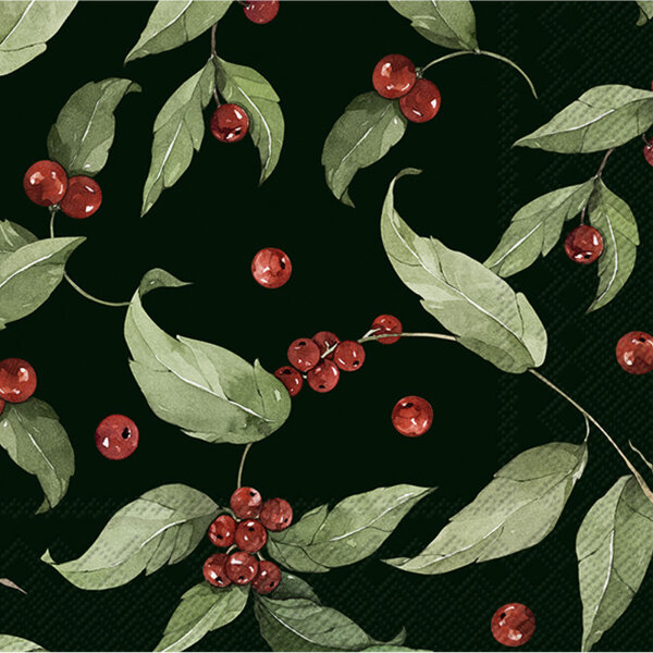 IHR Leander Cocktail-Servietten mit grünen Zweigen und  roten Beeren