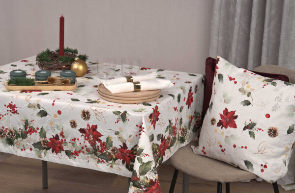 SANDER Tara Baumwoll-Tischdecke mit Ilex und Weihnachtsstern